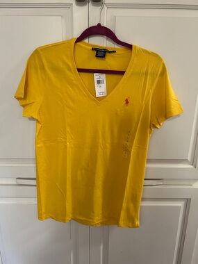 Ralph Lauren Women's Bright Yellow V-Neck Polo Tee with Red Pony